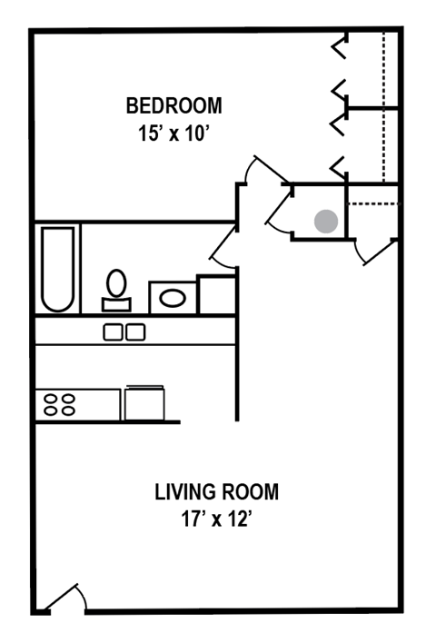 A floor plan of a bedroom and living room.